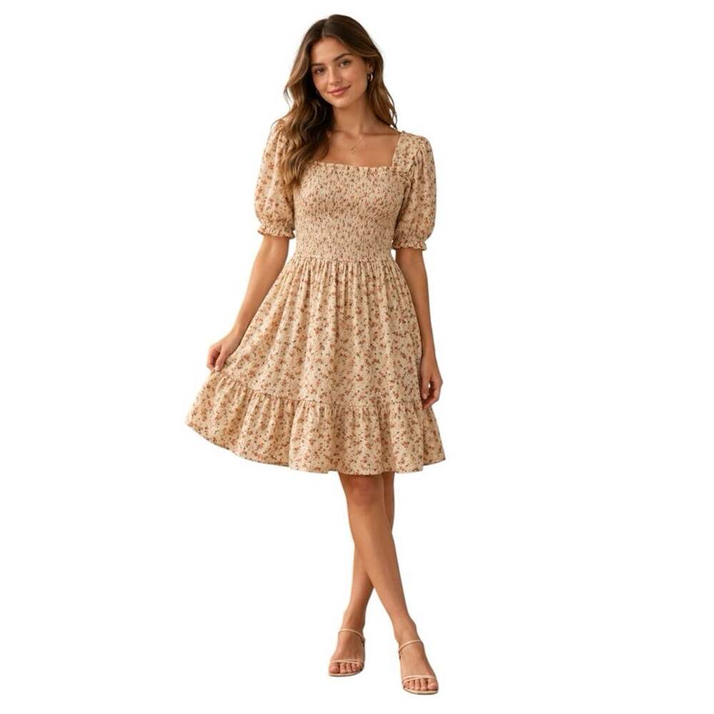 Mine Women's Size Large L White Floral 3/4 Sleeve Fit and Flare Mini Dress BOHO